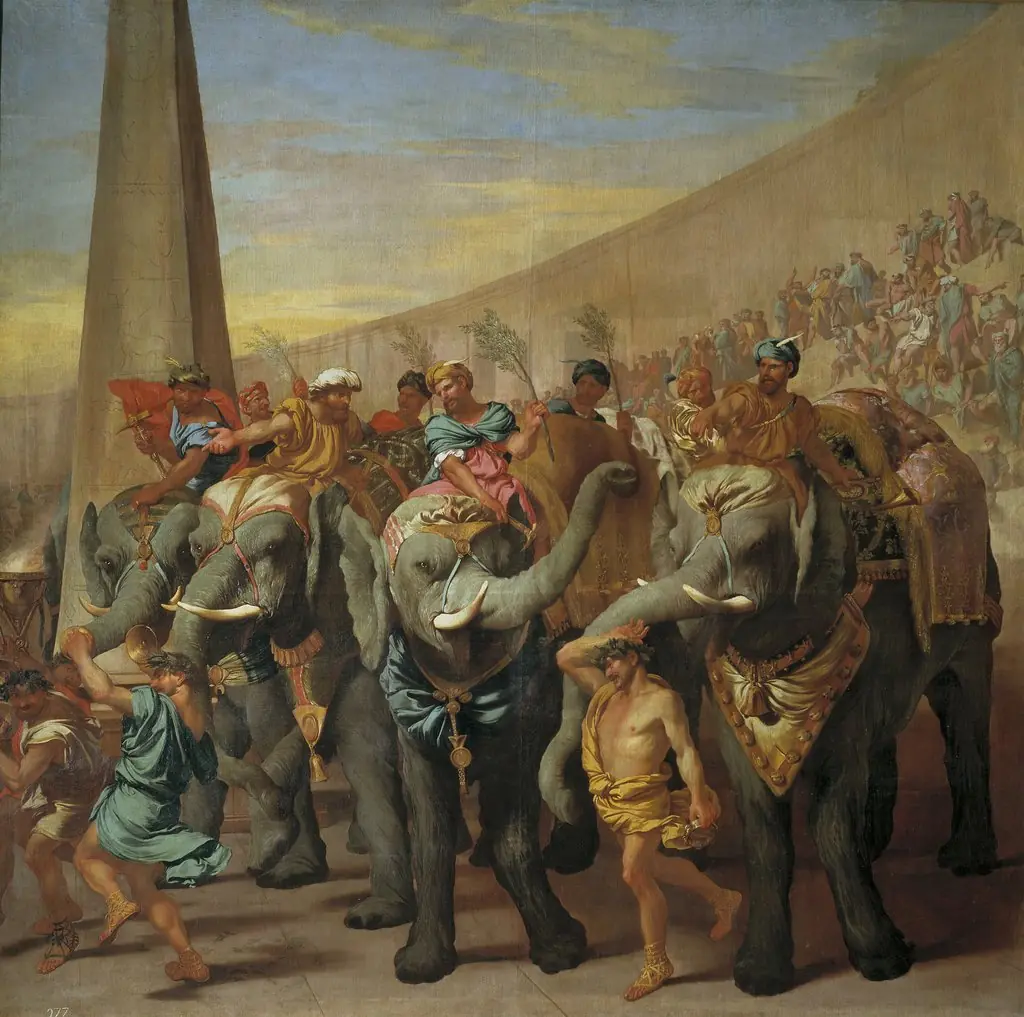 Elephants in a circus, by Andrea di Leone, oil, 1640