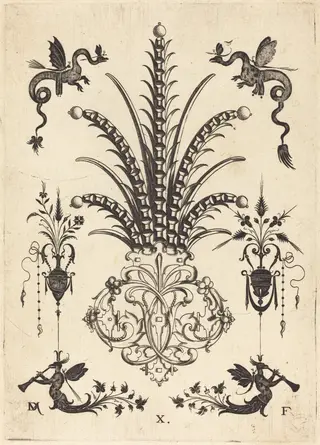 Brooch with Table-Stones, Dragons at Top, andWinged Monsters Blowing Horns at Bottom, by Daniel Mignot, ink, 1596