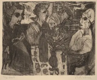 Women at a Table in a Room, by Ernst Ludwig Kirchner, ink, 1920