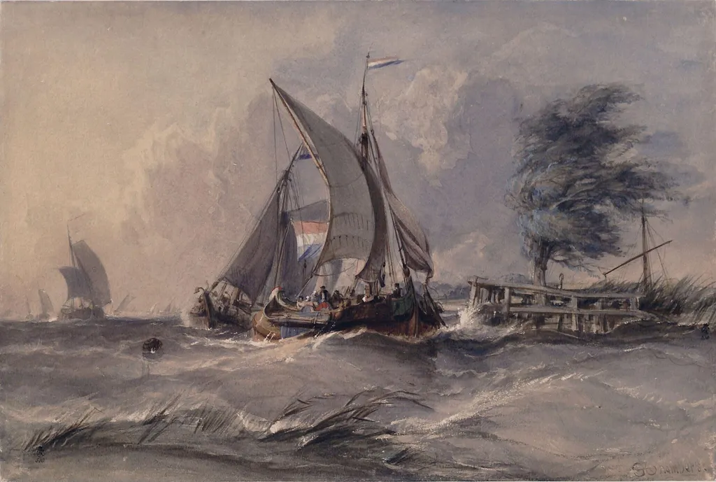 Windy Day: Boats in a Gale, by George Chambers, watercolor, 1834