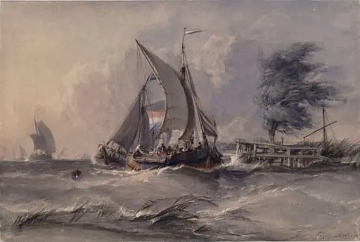 Windy Day: Boats in a Gale, by George Chambers, watercolor, 1834