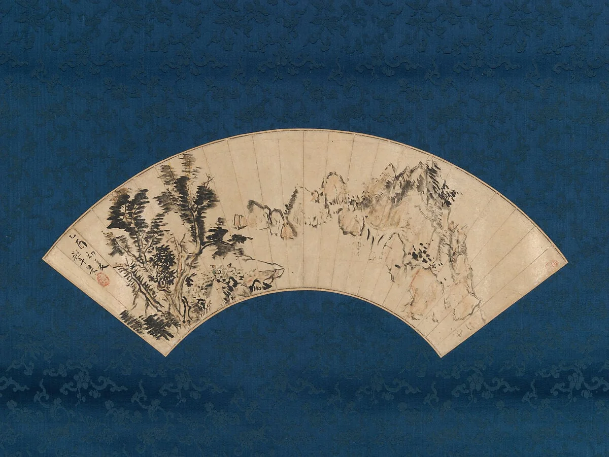 青木木米筆 山中喫茶図扇面|Preparing Tea by a Mountain Gorge, detail