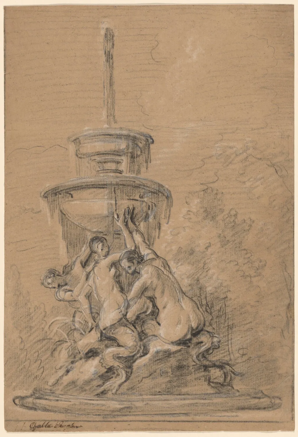 A Fountain with Three Nereids, by Joseph Ignace François Parrocel, chalk, 1744