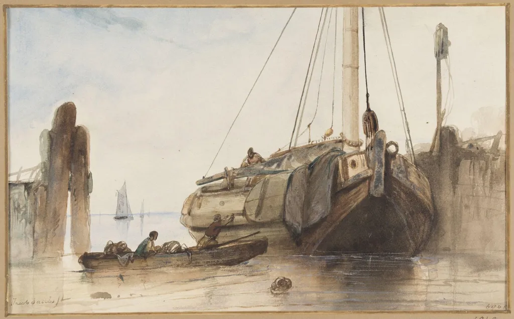 A Boat in Harbour, by jacob jacobs, watercolor