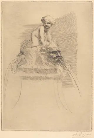 Small Fountain, Child Playing on the Grotesques (Petite fontaine, enfant qui joue surdes masques), by Alphonse Legros, ink, 1874