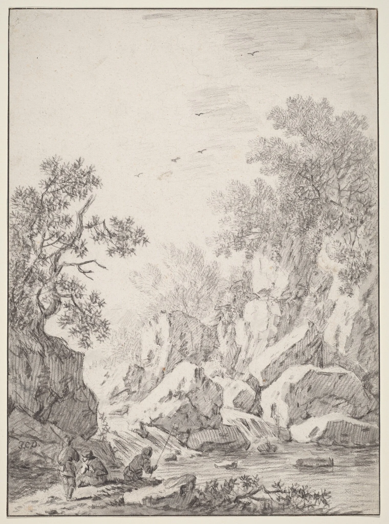 A Waterfall by Rock Cliffs, detail