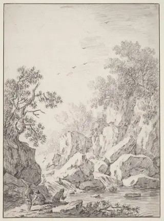 A Waterfall by Rock Cliffs, by Johann Christoph Dietzsch, chalk, 1754