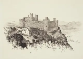 Harlech Castle, Wales, by George Elbert Burr, ink, 1934
