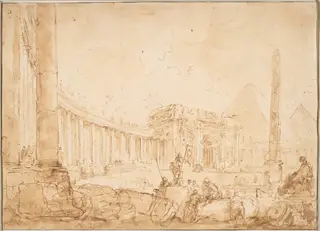 A Roman Capriccio, by Hubert Robert, ink, 1764