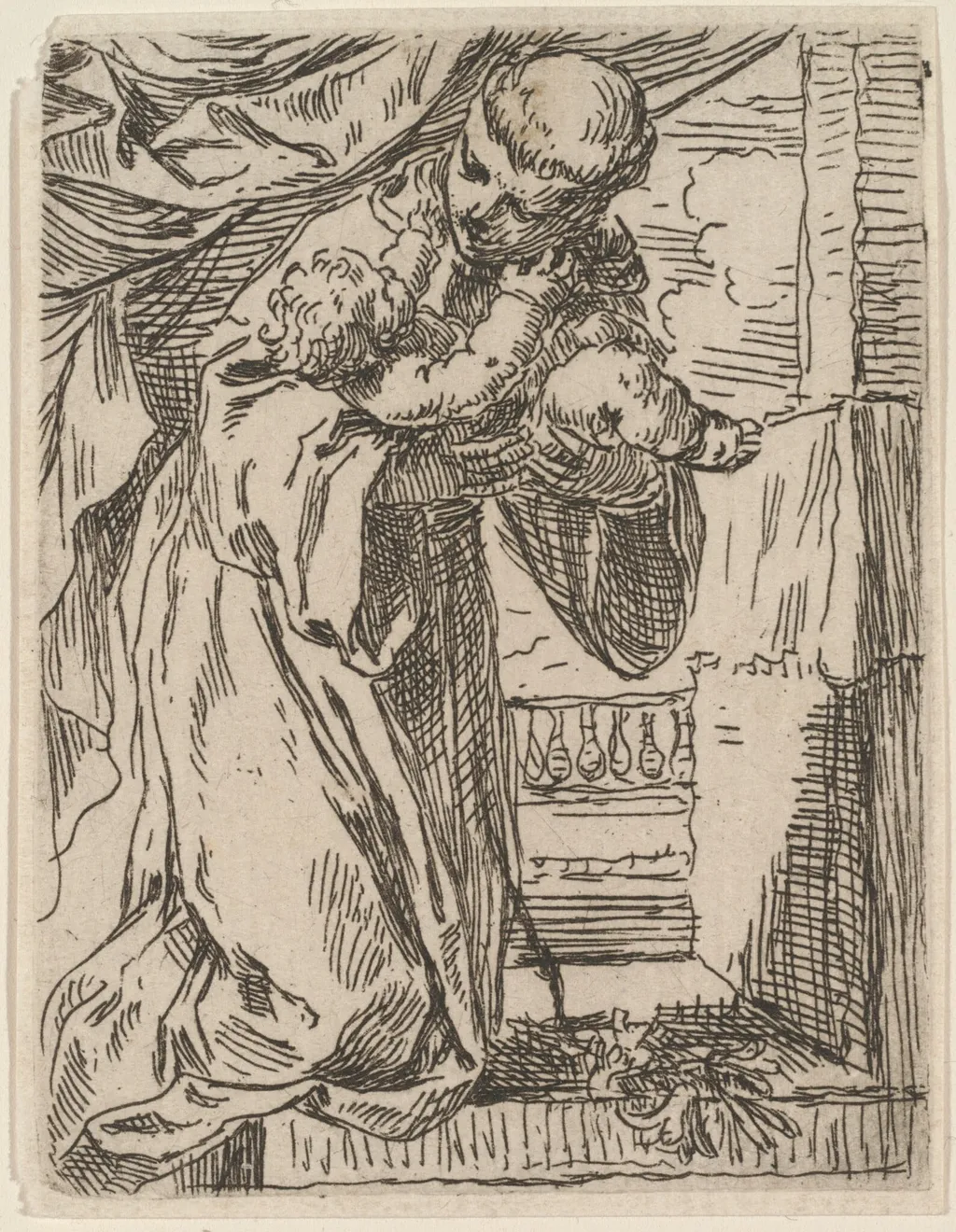 Saint  Anthony of Padua Holding the Christ Child, by Simone Cantarini, ink, 1644