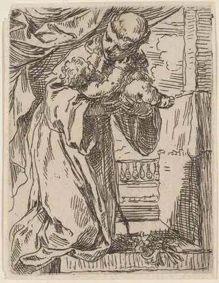 Saint  Anthony of Padua Holding the Christ Child, by Simone Cantarini, ink, 1644
