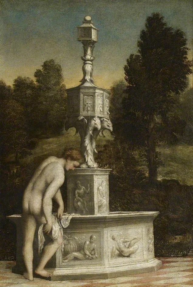 A young Man drying himself at a Fountain, detail