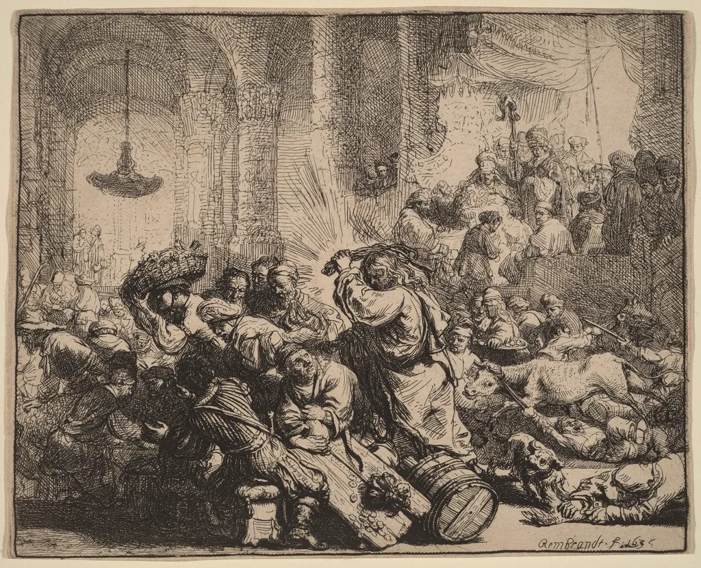 Christ Driving the Money Changers from the Temple, by Rembrandt, ink, 1635