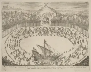 Parade with a Chariot Having the Form of a Ship, by Stefano Della Bella, ink, 1652