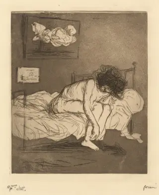Femme mettant son bas (Woman Putting On Her Stockings), by Jean-Louis Forain, ink, 1909