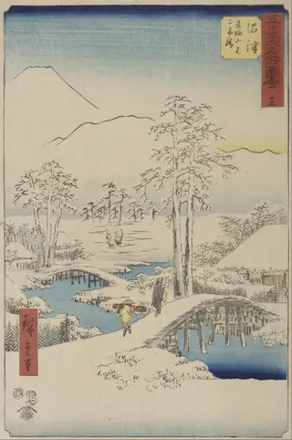 Mt. Fuji and Mt. Ashigara from Numazu from the series Vertical Tokaido (or "Famous Places of the Fifty-three Stations of the Tōkaidō"), by Utagawa Hiroshige, unspecified, 1837