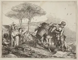 The Madonna and Child at Left, with a File of Angels, by Giovanni Domenico Tiepolo, ink, 1753