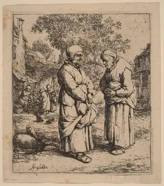 Two Peasant Women Conversing on a Village Street, by Adriaen van Ostade, ink, 1652