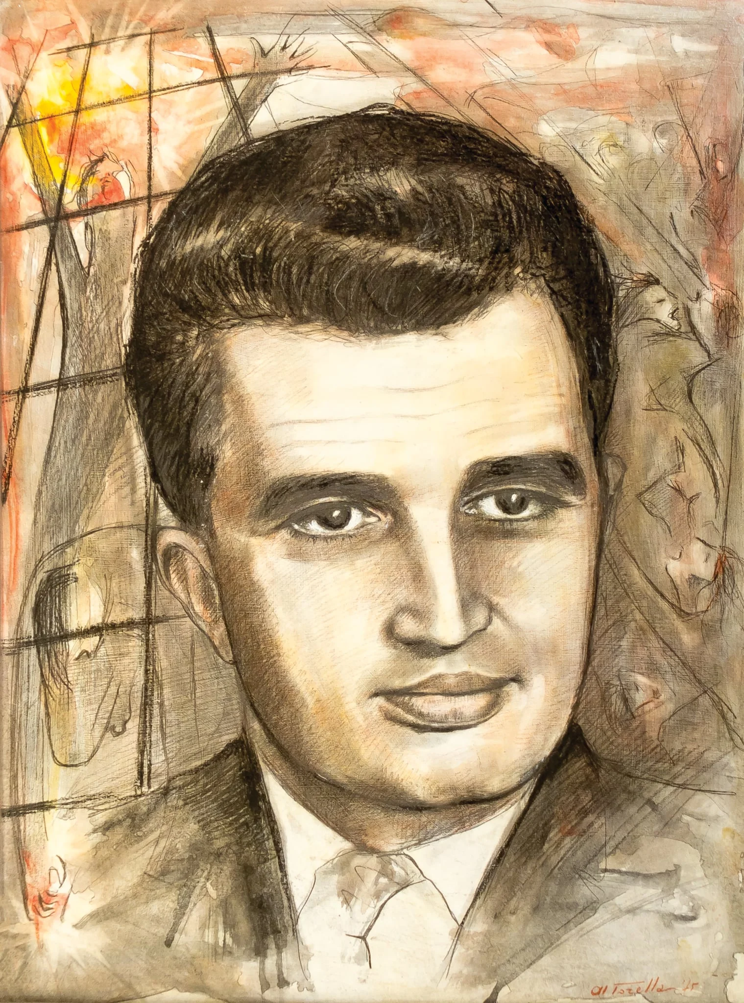 Portret Nicolae Ceaușescu, tablou realixat prin tehnică mixtă, semnat Al. Torella și datat 1975 în partea dreaptă jos.A fost oferit lui Nicolae Ceaușescu de delegația italiană condusă de Benito Craxi cu ocazia vizitei în România din noiembrie 1978, detail