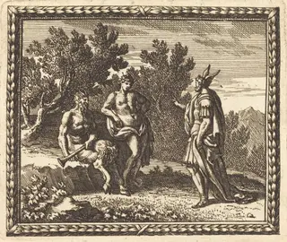 Midas with Apollo and Pan, by Jean Lepautre, ink, 1676