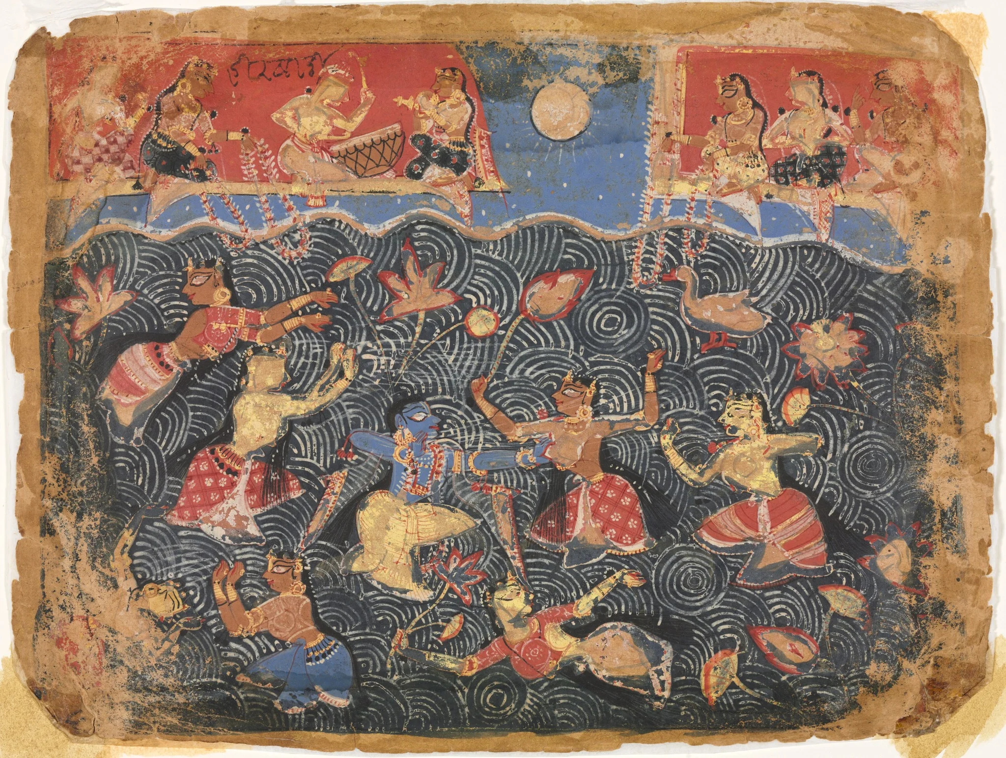 Krishna sporting with the gopis in the Jumna River, from a Bhagavata Purana, detail