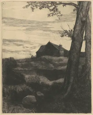 Farm with a Large Tree (La Ferme au Grand Arbre), by Alphonse Legros, ink, 1866