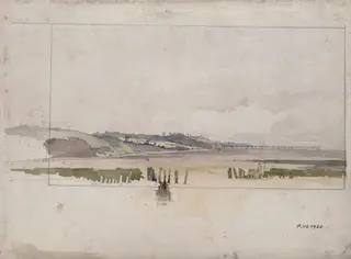 Coast View with Pier and Windmill, by James Chisholm Gooden, watercolor, 1835
