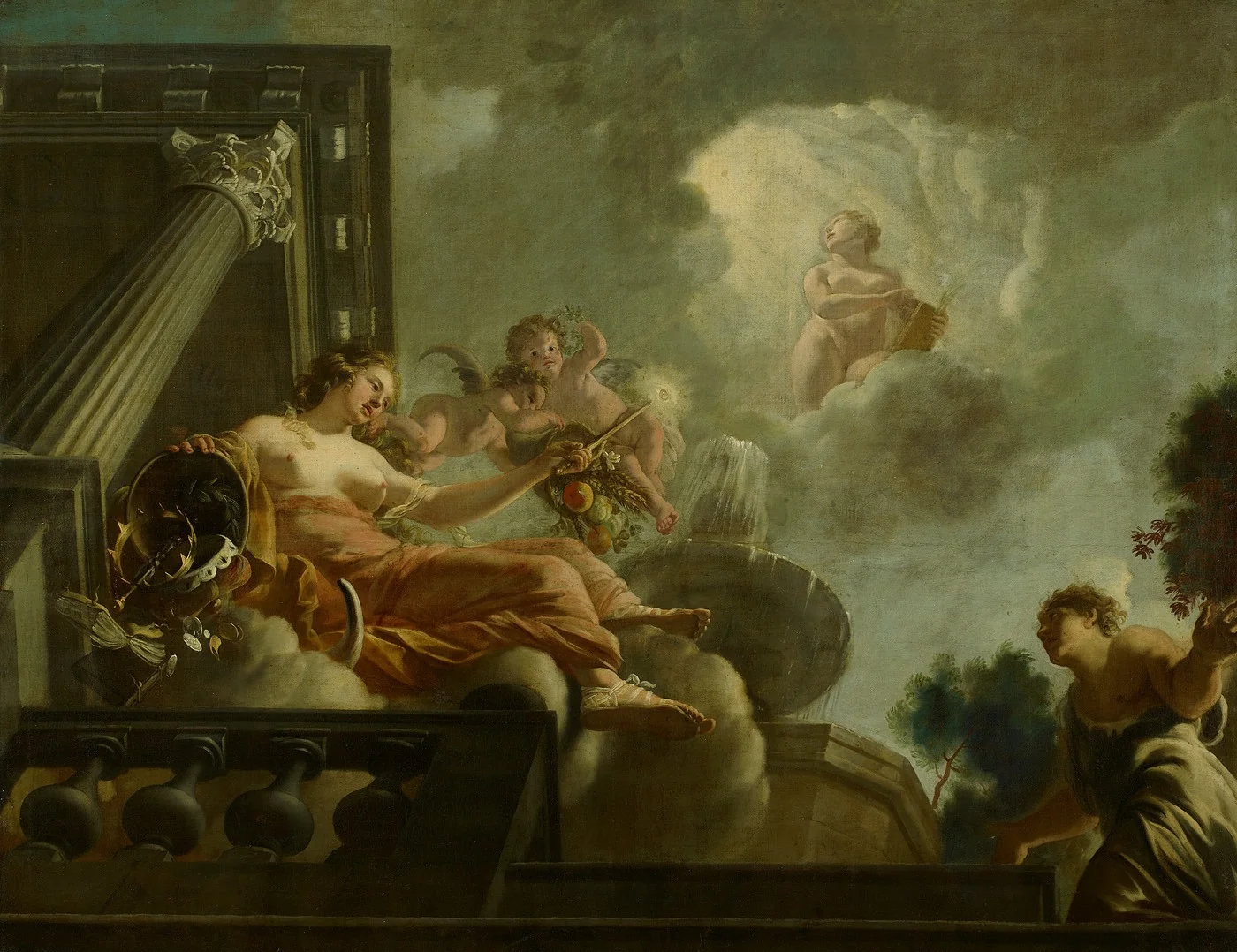 Religio begunstigt Abondantia : Allegorische voorstelling van de verzorging van leprozen en onnozelen, detail