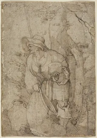 Old Man Standing under Tree, by Sebald Beham, ink, 1520