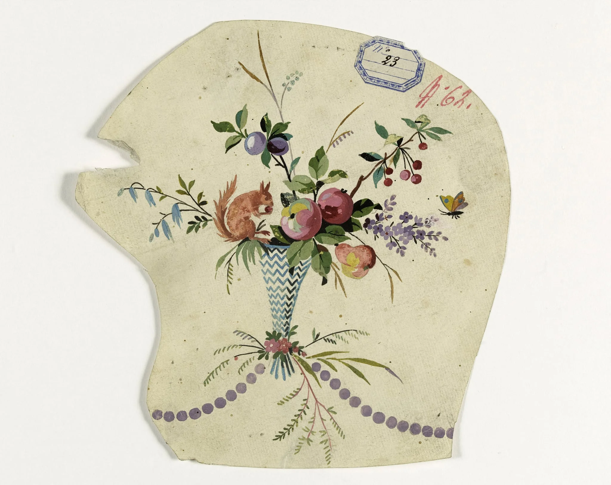 Bouquet de fruits avec écureuil, projets de broderies de gilet, XVIIIème siècle, detail