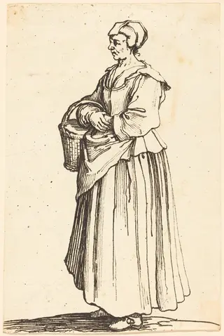 Peasant Woman with Basket, in Profile, Facing Left, by Israel Henriet, ink, 1646