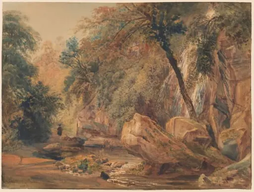 Waterfall in the Dingle at Badger Hall, by Peter De Wint, watercolor, 1841