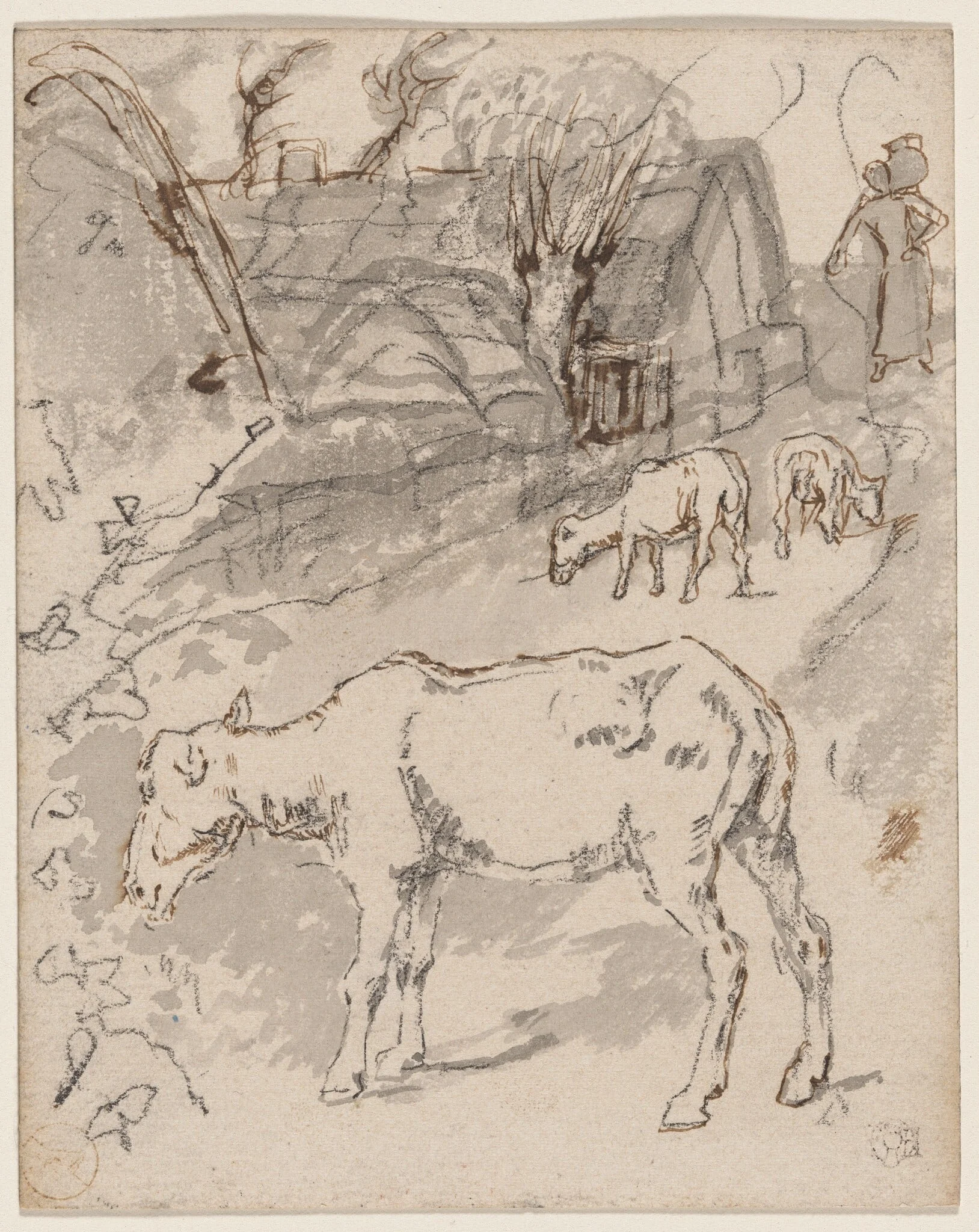 Three Sheep by a Cottage (recto)/Sketches of Cows (verso), detail