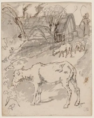 Three Sheep by a Cottage (recto)/Sketches of Cows (verso), by Félix-Hilaire Buhot, graphite, 1872
