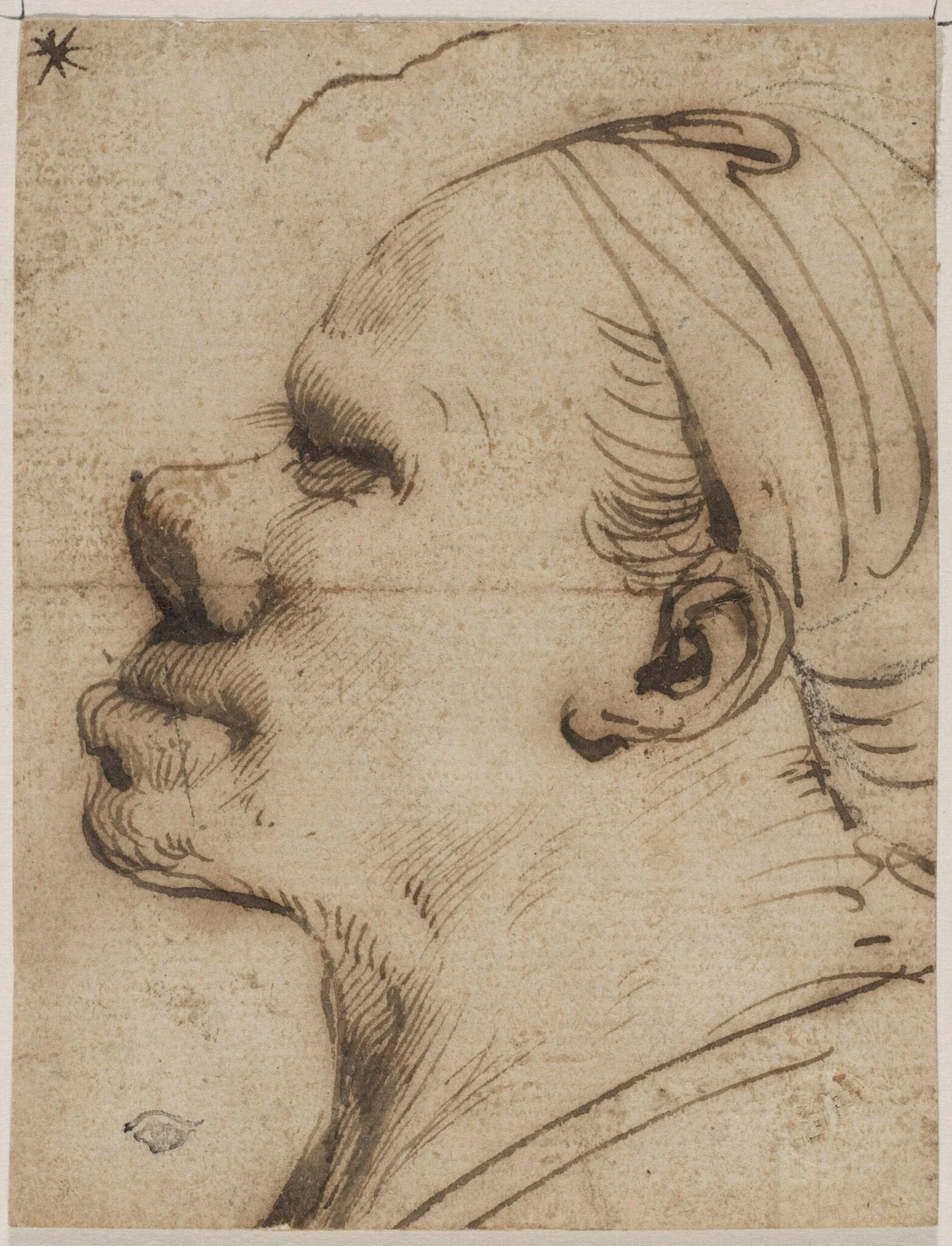 Caricature, a man's head in profile, detail