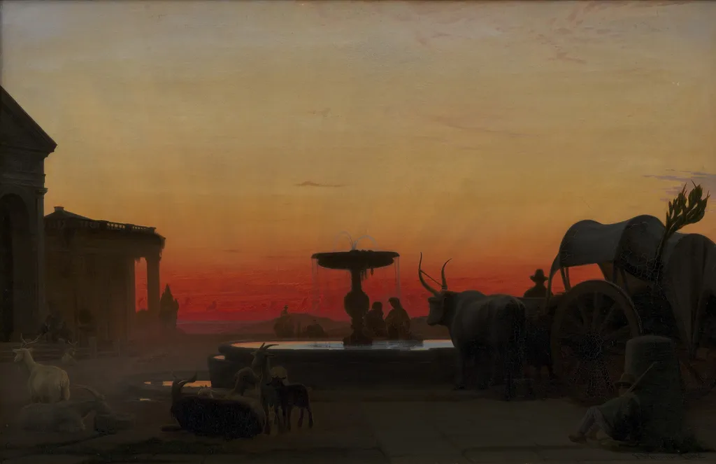 A Square in Ariccia, Italy. After Sunset, by Hans Jørgen Hammer, oil, 1862