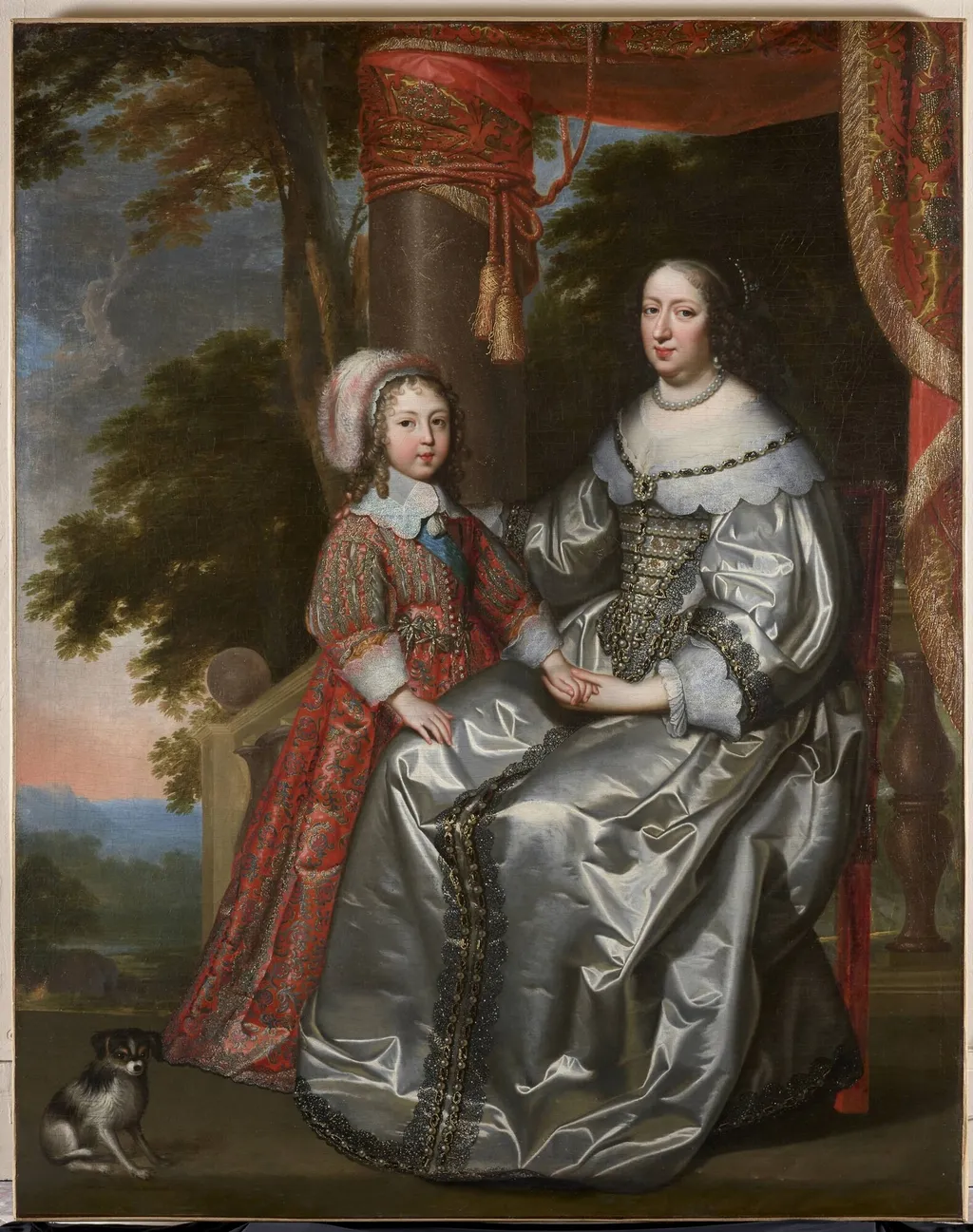 Anne d'Autriche, régente de France, en deuil blanc, et son fils Louis XIV, en robe rouge, by Henri and Charles Beaubrun, oil, 1644