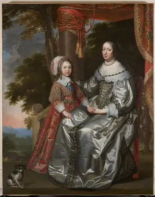 Anne d'Autriche, régente de France, en deuil blanc, et son fils Louis XIV, en robe rouge, by Henri and Charles Beaubrun, oil, 1644