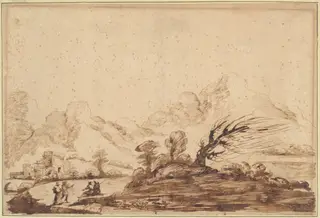 Landscape with Figures, by Guercino, ink, 1601