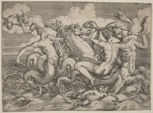 Sirens, Naiads, and Tritons, by Angelo Falconetto, ink, 1544