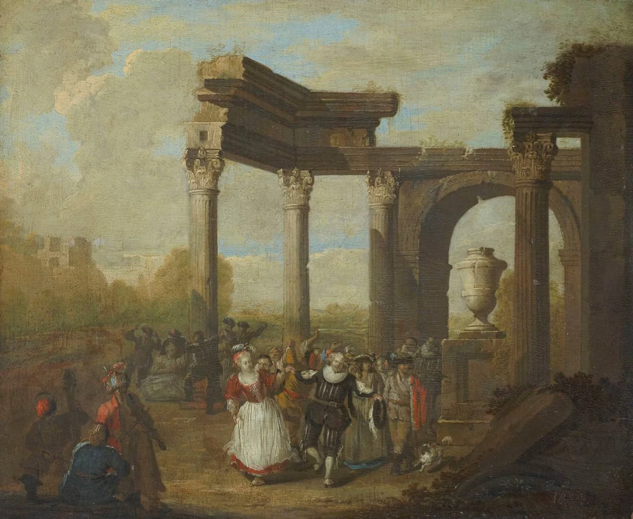Masked dance near Roman ruins, detail