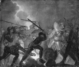 Rolf Krake og hans mænd springer over ilden, by Eric Paulsen, oil, 1790
