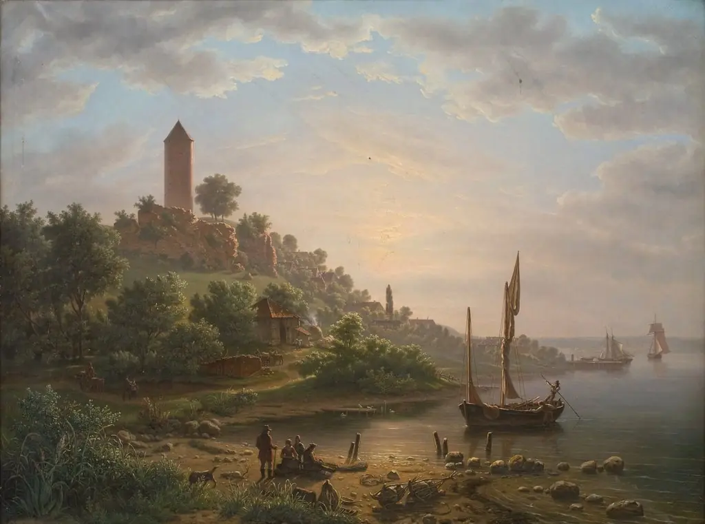 Kysten ved Vordingborg med Gåsetårnet en tidlig morgen, by Jens Peter Møller, oil, 1848