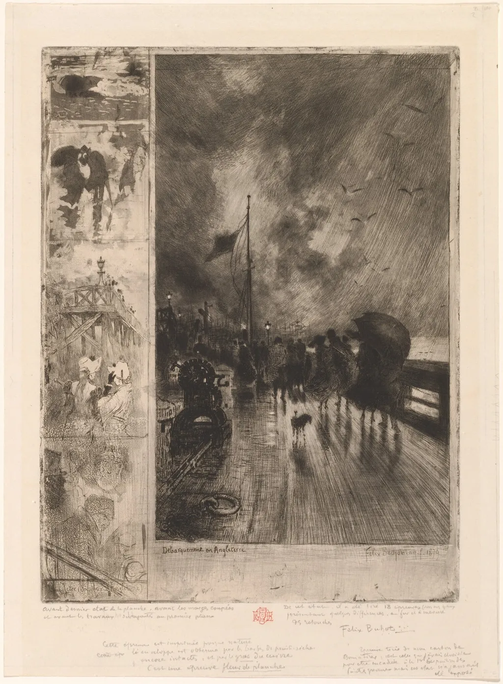 Landing in England, by Félix-Hilaire Buhot, ink, 1879