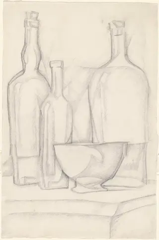 Bottles and Bowl, by Juan Gris, graphite, 1911