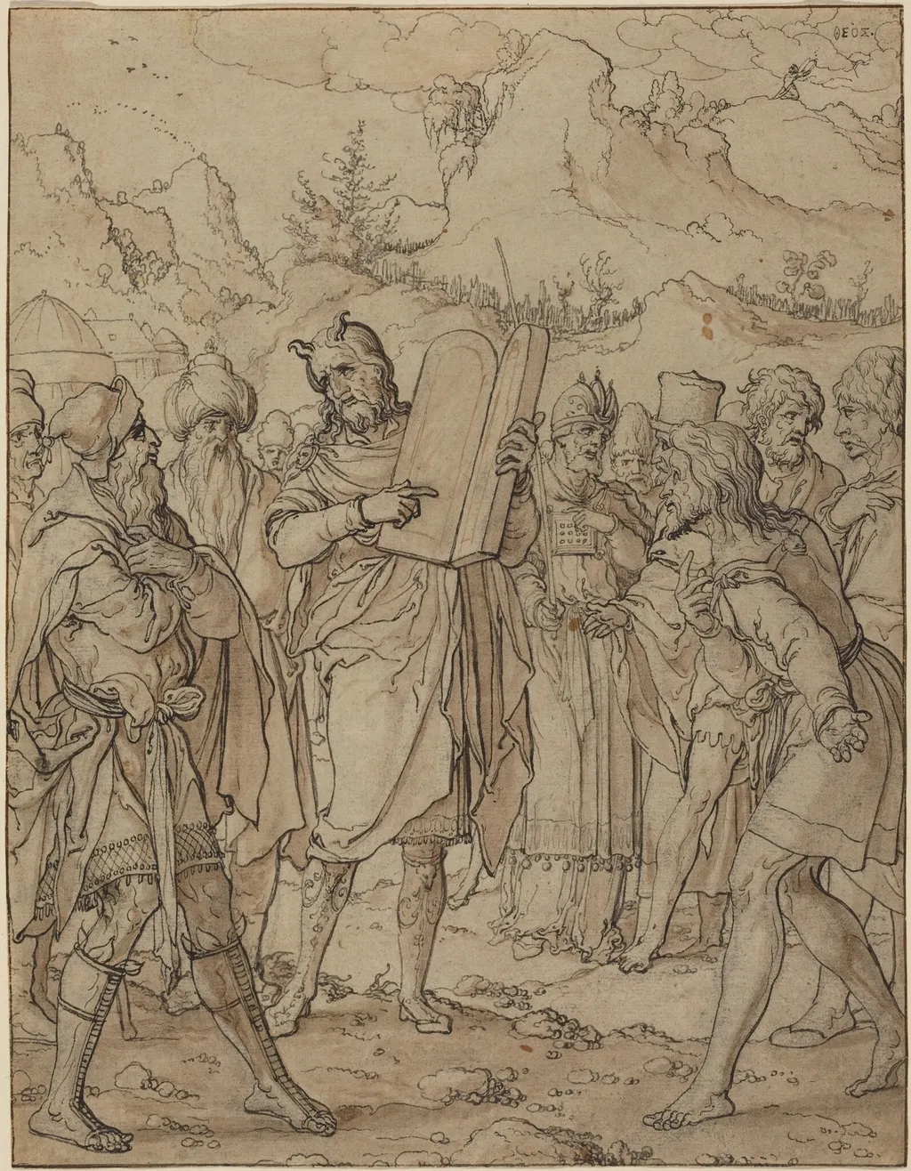 Moses Delivering God's Commandments to the Israelites, by Jan Swart van Groningen, ink, 1526