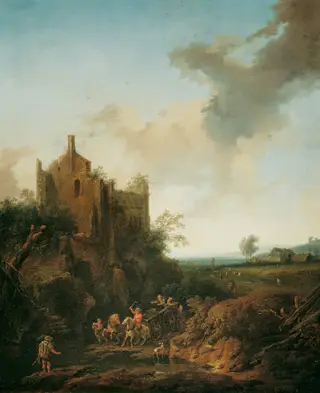Landscape with a ruined castle near a fordable place in the river, by Christian Hilfgott Brand, oil, 1746