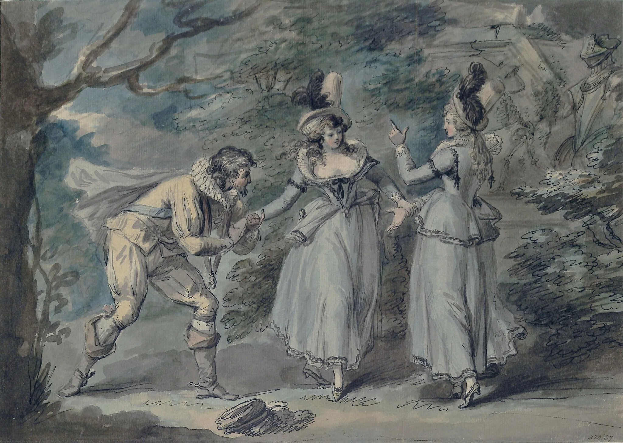 A Cavalier and two ladies in a landscape, detail