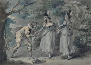 A Cavalier and two ladies in a landscape, by Henry William Bunbury, watercolor, 1770