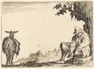 Peasant Removing His Shoe, by Jacques Callot, ink, 1622
